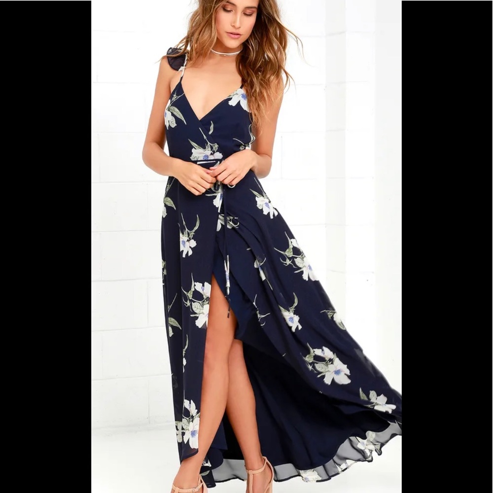 All Mine Navy Blue Floral Print High-Low Wrap Dress